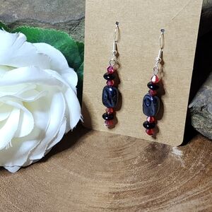 Hand Crafted Dangle Earrings Black, AB Red & Gunmetal Glass Beads